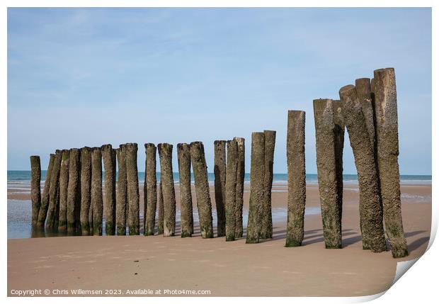 wooden poles on a french beach Print by Chris Willemsen