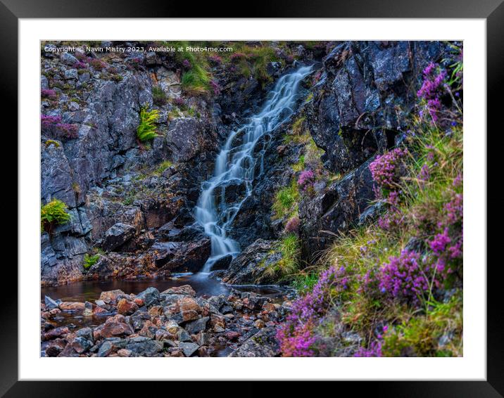 A Waterfall and Heather Framed Mounted Print by Navin Mistry