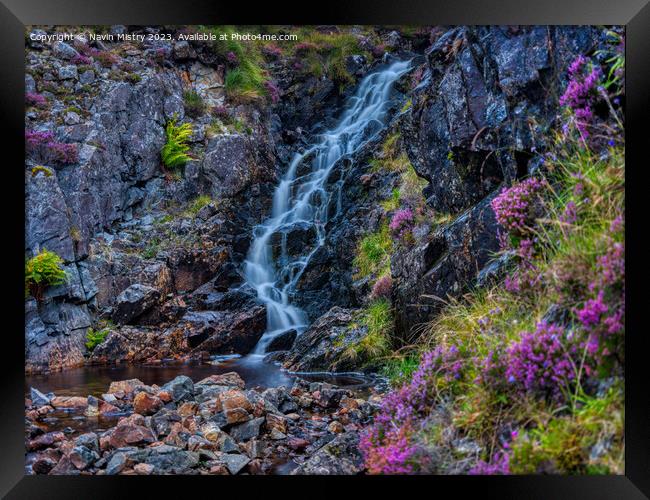 A Waterfall and Heather Framed Print by Navin Mistry