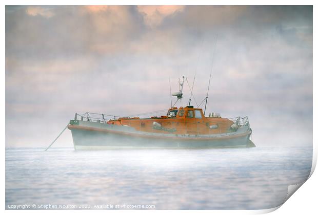 Retired Lifeboat on still water in the Sea Mist Print by Stephen Noulton