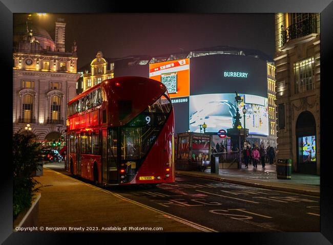 Red London Bus At Piccadilly Circus Framed Print by Benjamin Brewty