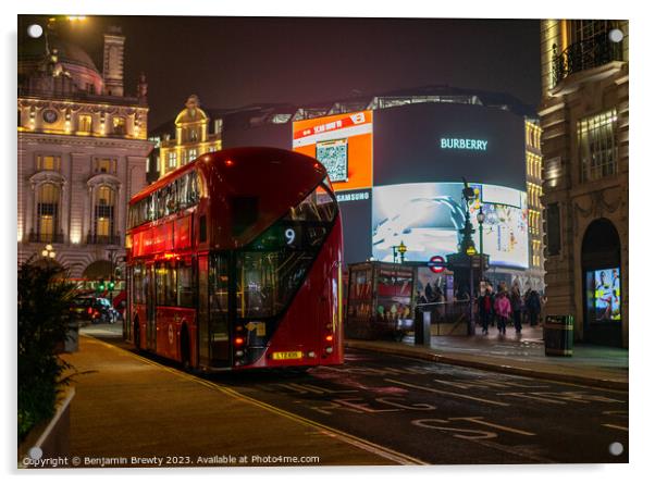 Red London Bus At Piccadilly Circus Acrylic by Benjamin Brewty