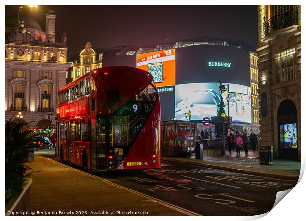 Red London Bus At Piccadilly Circus Print by Benjamin Brewty