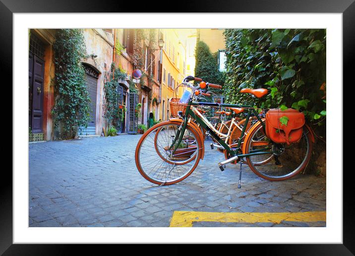 Bicycle standing in front of store on old street of Rome . Framed Mounted Print by Virginija Vaidakaviciene