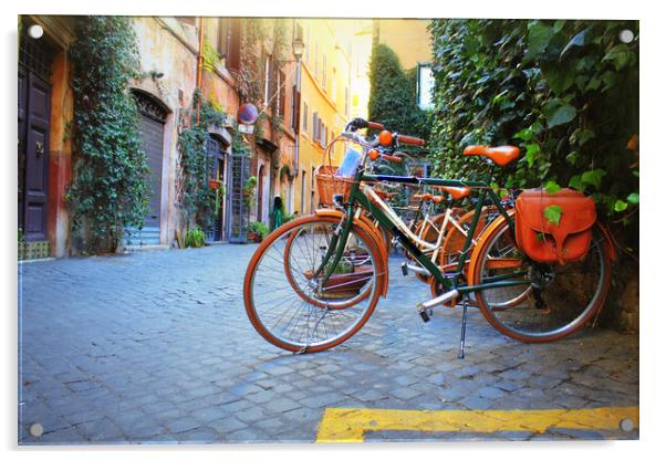 Bicycle standing in front of store on old street of Rome . Acrylic by Virginija Vaidakaviciene