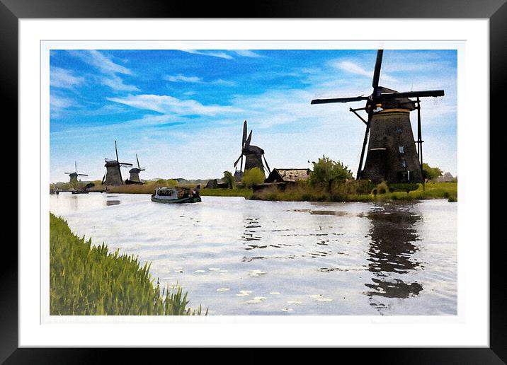 Perspective of windmills in Kindedijk - CR2305-927 Framed Mounted Print by Jordi Carrio