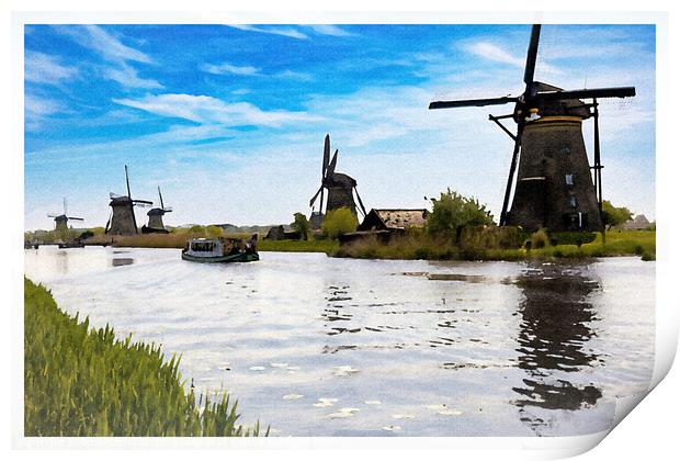 Perspective of windmills in Kindedijk - CR2305-927 Print by Jordi Carrio