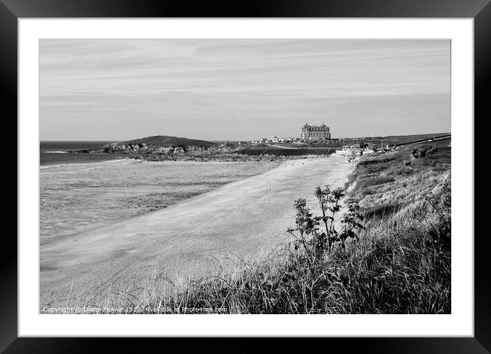 Fistral Beach and Towan head Monochrome Framed Mounted Print by Diana Mower