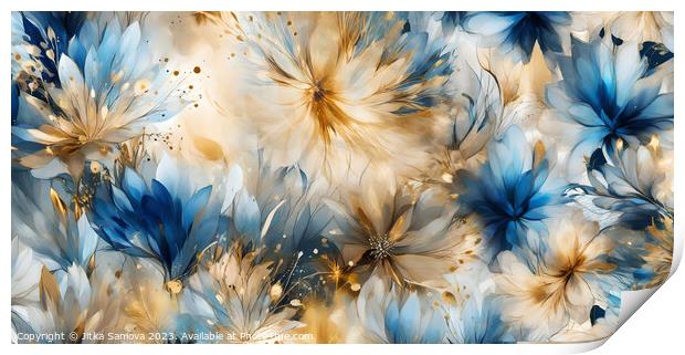 Artistic floral in gold and blue  Print by Jitka Saniova