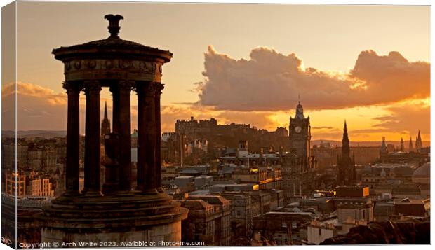 Sunset over Edinburgh city centre, Scotland, UK Canvas Print by Arch White