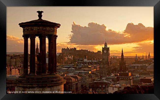 Sunset over Edinburgh city centre, Scotland, UK Framed Print by Arch White