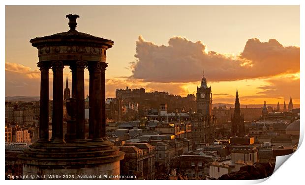 Sunset over Edinburgh city centre, Scotland, UK Print by Arch White