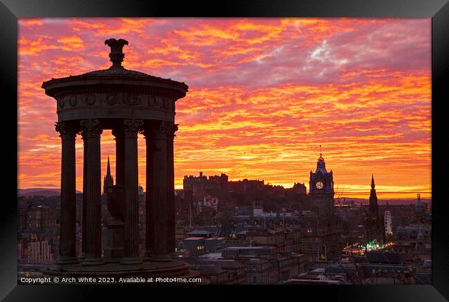 Edinburgh sunset over city centre, Scotland, UK Framed Print by Arch White