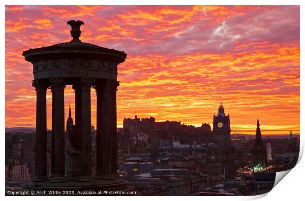 Edinburgh sunset over city centre, Scotland, UK Print by Arch White