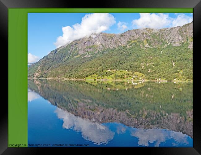 Reflections on Fjord Framed Print by chris hyde