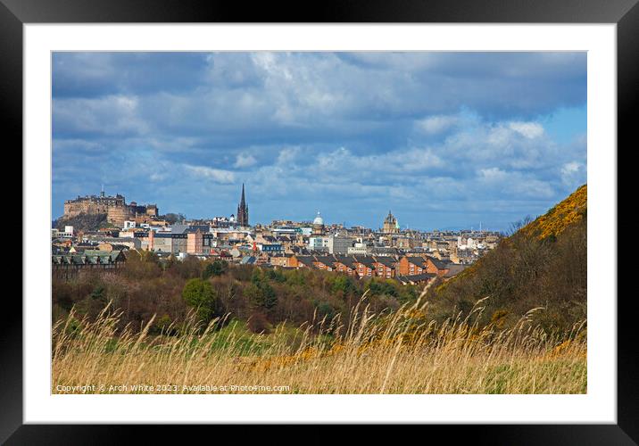 Holyrood Park towards Edinburgh Castle and city, S Framed Mounted Print by Arch White