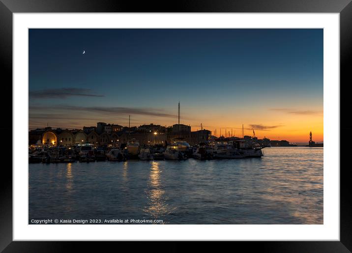 Chania Yachting Harbour at Dusk Framed Mounted Print by Kasia Design