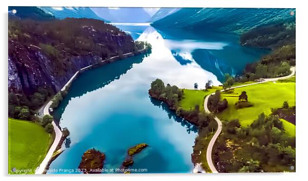 Mountain, lake, river, sky, nature, beauty, travel, landscape Acrylic by Reinaldo França