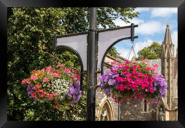 Hanging baskets outside St Marys Church, High Wycombe Framed Print by Kevin Hellon