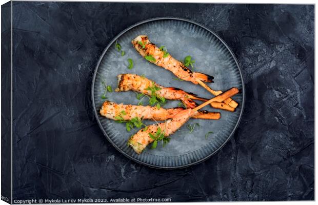 Grilled tiger shrimps, black background Canvas Print by Mykola Lunov Mykola