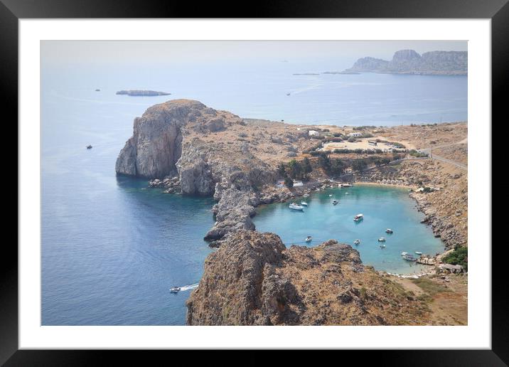 Panoramic view of Saint Pauls Bay in shape of heart from Acropolis of ancient city of Lindos, Rhodes, Greece Framed Mounted Print by Virginija Vaidakaviciene