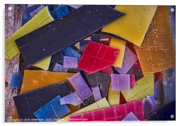 yellow blue orange and pink parts of candle wax Acrylic by Chris Willemsen