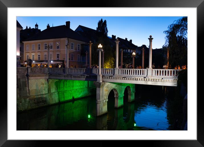 Evening At Cobblers Bridge In Ljubljana Framed Mounted Print by Artur Bogacki