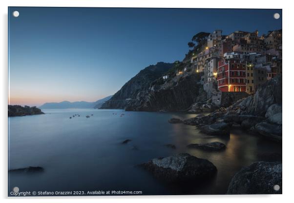 Blue twilight over the fishing village of Riomaggiore. Cinque Te Acrylic by Stefano Orazzini
