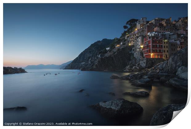Blue twilight over the fishing village of Riomaggiore. Cinque Te Print by Stefano Orazzini