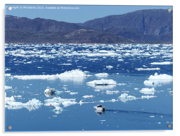 Small boat and ice flows at Narsaq, Greenland Acrylic by Phil Banks