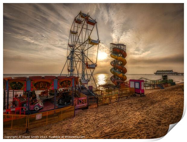 Rides on Cleethorpes Beach at sunrise Print by David Smith