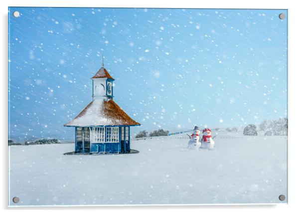 Snowy day at Frinton with cute snowmen Acrylic by Paula Tracy