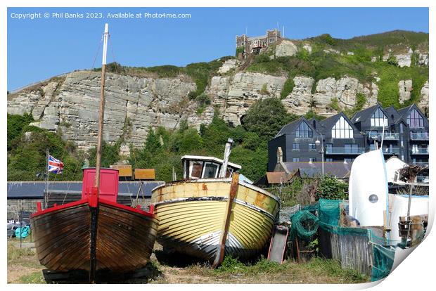 Boats, Old Town Net Shops and Cliffs at Hastings, East Sussex Print by Phil Banks