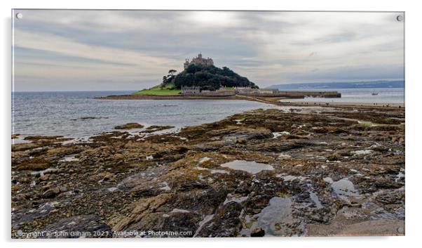 St Michaels Mount Marazion Cornwall England UK seen from a rocky outcrop on the mainland beach Acrylic by John Gilham