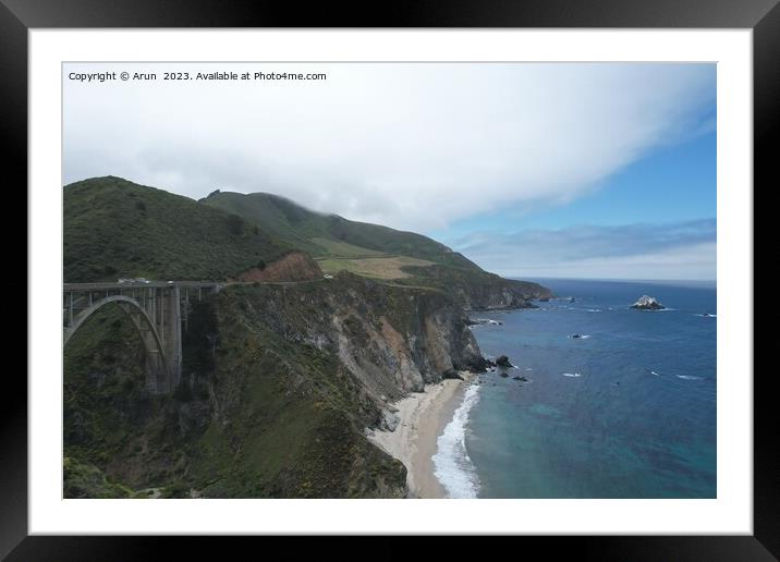 Windswept cliffs and Pacific ocean from Highway one Calfifornia Framed Mounted Print by Arun 