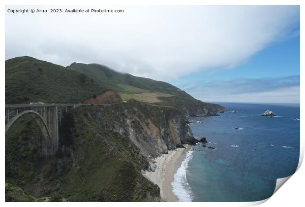 Windswept cliffs and Pacific ocean from Highway one Calfifornia Print by Arun 