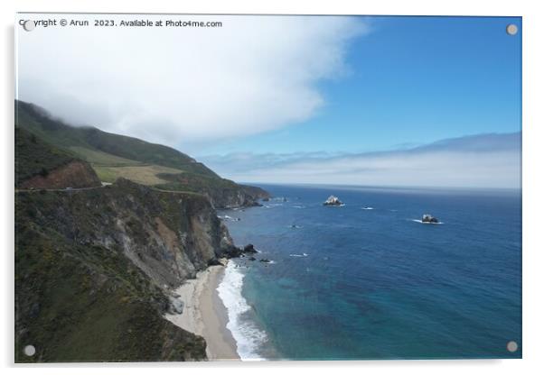 Windswept cliffs and Pacific ocean from Highway one Calfifornia Acrylic by Arun 