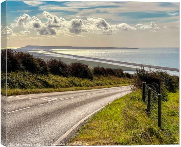 The road to Chesil Beach and Portland. Canvas Print by Roger Mechan