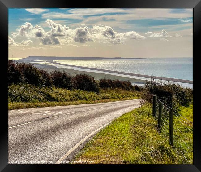 The road to Chesil Beach and Portland. Framed Print by Roger Mechan