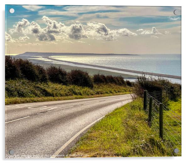 The road to Chesil Beach and Portland. Acrylic by Roger Mechan
