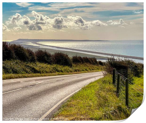 The road to Chesil Beach and Portland. Print by Roger Mechan