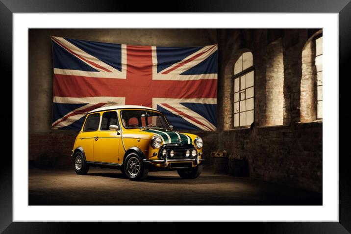 MINI COOPER S yellow and behind the English flag Framed Mounted Print by Guido Parmiggiani
