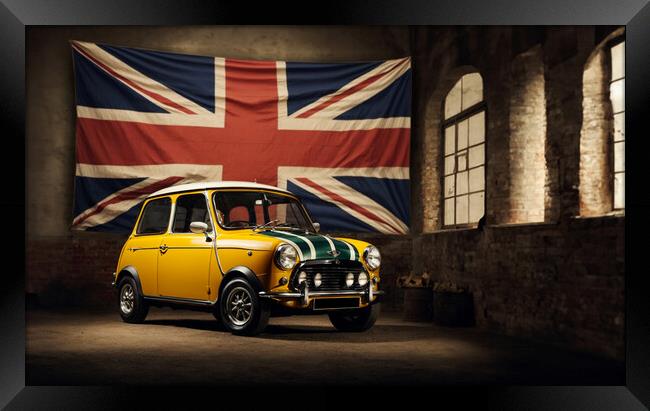 MINI COOPER S yellow and behind the English flag Framed Print by Guido Parmiggiani