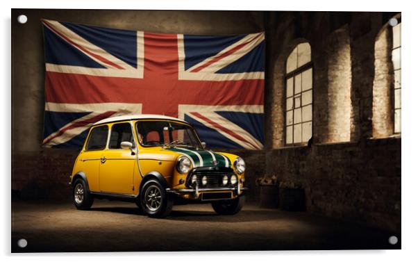 MINI COOPER S yellow and behind the English flag Acrylic by Guido Parmiggiani