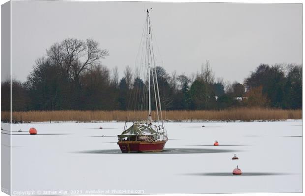 Oulton Broad Lowestoft Suffolk Covered In Snow  Canvas Print by James Allen