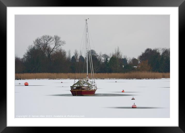 Oulton Broad Lowestoft Suffolk Covered In Snow  Framed Mounted Print by James Allen