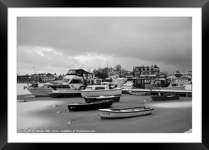 Oulton Broad Lowestoft Suffolk Covered in Snow  Framed Mounted Print by James Allen
