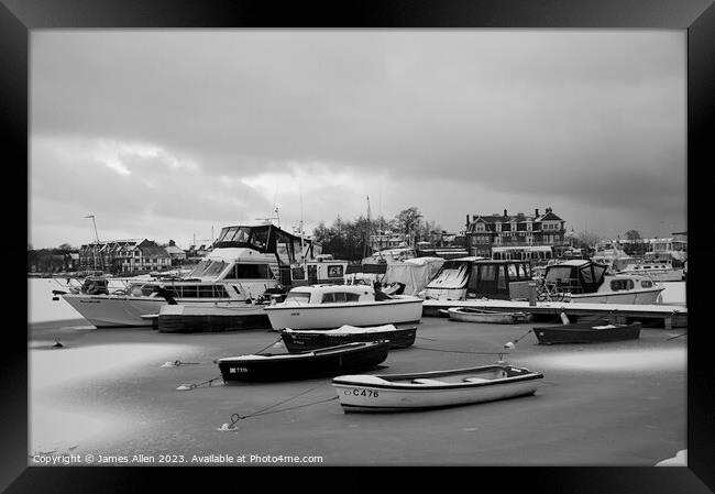 Oulton Broad Lowestoft Suffolk Covered in Snow  Framed Print by James Allen
