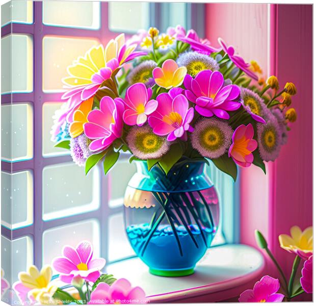 A Beautiful Vase of Flowers catching the sunlight on a windowsill. Canvas Print by Mike Shields