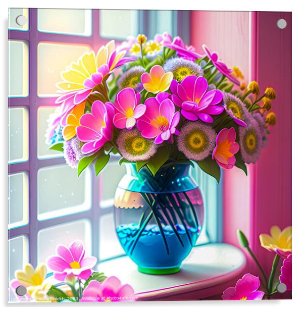 A Beautiful Vase of Flowers catching the sunlight on a windowsill. Acrylic by Mike Shields